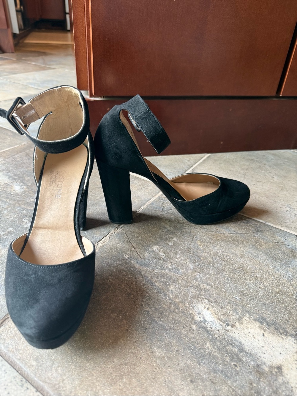 Black Suede Ankle-Strap Block Heels
